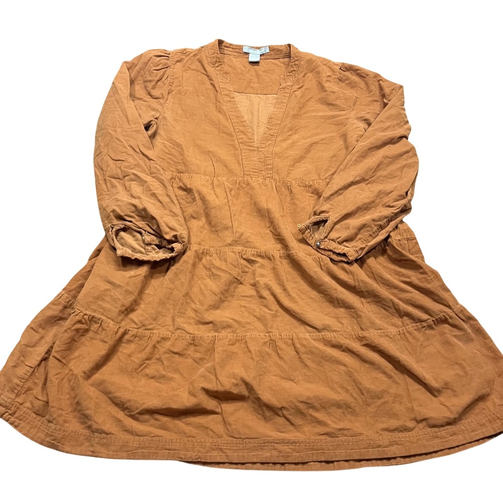 Lucky Brand Womens Corduroy Tiered Mini Dress Rust Orange V-Neck‎ Long Sleeve L